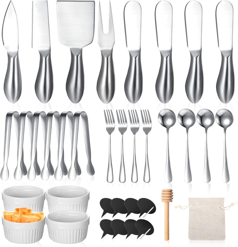 Raiten 38 Pcs Summer Charcuterie Board Accessories Utensils Include Cheese Knife Set Bowls Cheese Markers Serving Tongs Spoons and Forks Honey Dipper for Butter Cheese and Pastry Making (Silver) - Image 1